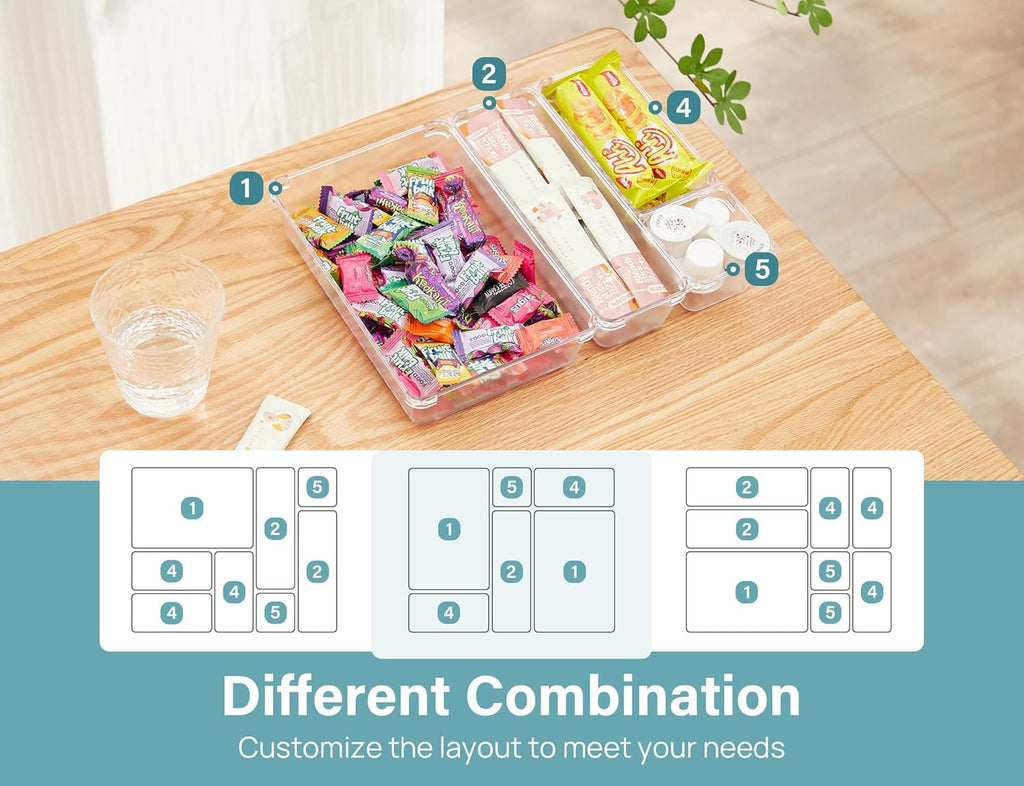 28 Pcs Drawer Organizer Set, 4-Size Bathroom Vanity Trays Makeup Desk Dividers Versatile Storage Bins Clear Plastic Container for Dresser, Bedroom, Kitchen, Office