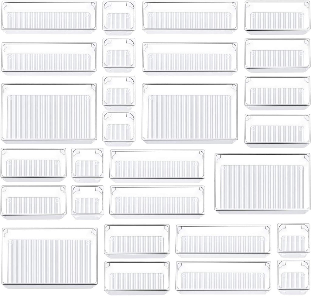 28 Pcs Drawer Organizer Set, 4-Size Bathroom Vanity Trays Makeup Desk Dividers Versatile Storage Bins Clear Plastic Container for Dresser, Bedroom, Kitchen, Office
