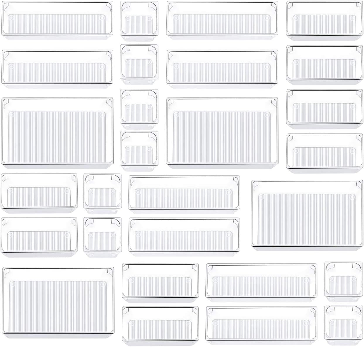 28 Pcs Drawer Organizer Set, 4-Size Bathroom Vanity Trays Makeup Desk Dividers Versatile Storage Bins Clear Plastic Container for Dresser, Bedroom, Kitchen, Office