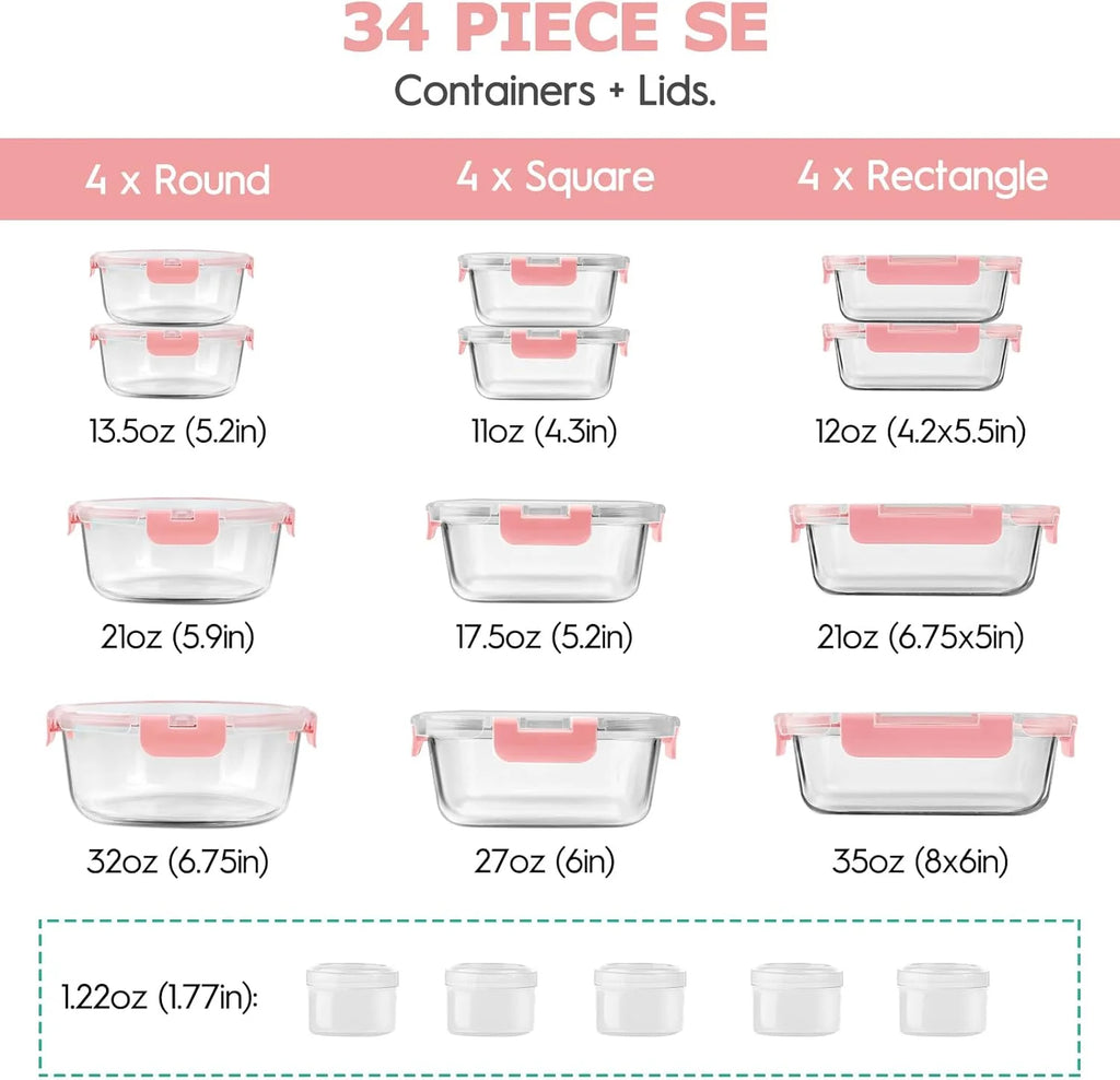 34Pcs Glass Food Storage Containers with Lids Set, Airtight Meal Prep Containers (17 Containers & 17 Lids), Pink