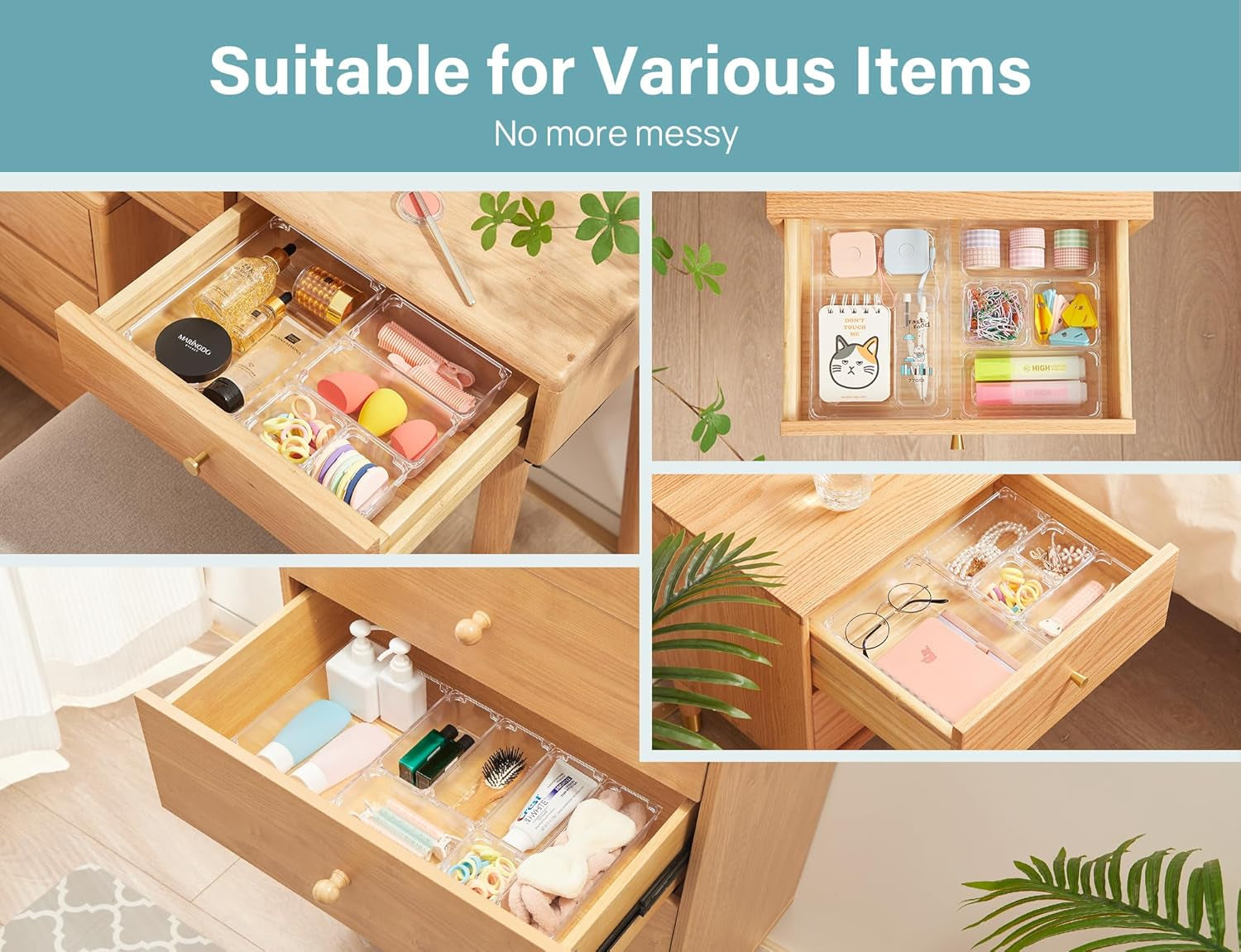 28 Pcs Drawer Organizer Set, 4-Size Bathroom Vanity Trays Makeup Desk Dividers Versatile Storage Bins Clear Plastic Container for Dresser, Bedroom, Kitchen, Office